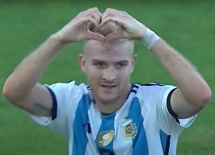 Luciano Gondou pictured celebrating after scoring for Argentina in a 1-0 win over Brazil in a qualifying match ahead of the 2024 Olympic Games